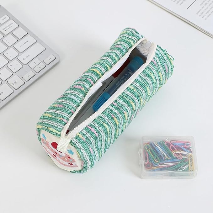 Cute Striped Pencil Case for Girls Large Capacity Aesthetic Pen Pouch with Zipper Stationery Organizer Bag for School Office Durable Pencil Box for Teens Students Women Kids (Cylinder-Pink)