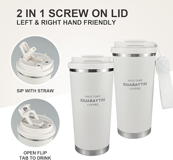 20oz Tumbler Stainless Steel Vacuum Insulated Coffee Travel Mug Reusable Iced Coffee Cup Hot Coffee Travel Mug with lid and straw Cupholder Friendly Leak-Proof BPA Free (White)