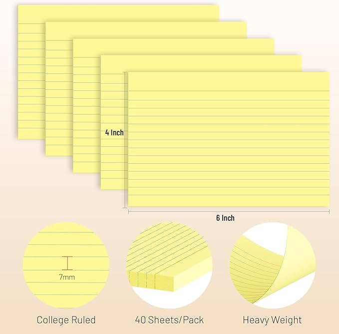 200 Pcs Index Cards 4 x 6 Inch Ruled Yellow Index Cards, College Ruled Flash Cards for School, College, Office and Home Organization, Durable Study To Do List Note Cards with Ruled Lines, 5 Pack of 40