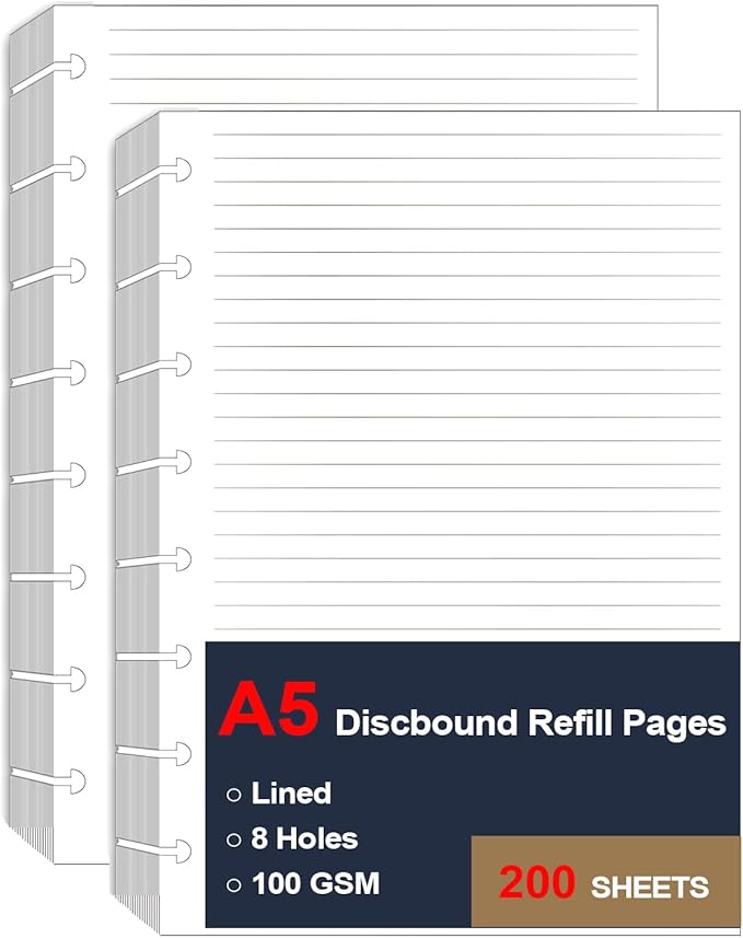 (2 Pack) A5 TUL Discbound Lined Refill Paper, 8 Disc Hole Punched Ruled Filler Paper, Junior Size, 200Sheets / 400Pages, 100gsm, 5.8 X 8.3 In
