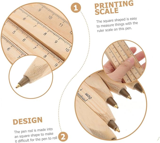 ARTIBETTER 6pcs Black Ballpoint Ink Wood Pens with Ruler Printing, Natural Biodegradable Solid Wood Carpenter Pens for Industrial Drawing and Office Use