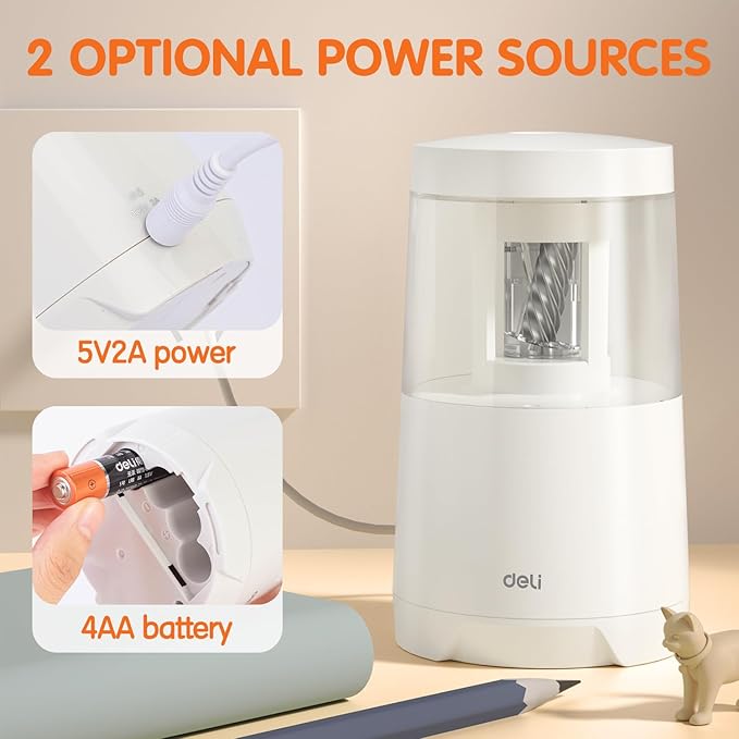 Deli Electric Pencil Sharpener, Automatic Pencil Sharpeners for No.2 Pencils Colored Pencils, Auto Stop, USB & Battery Operated for Students, Classroom, Home and Office, White