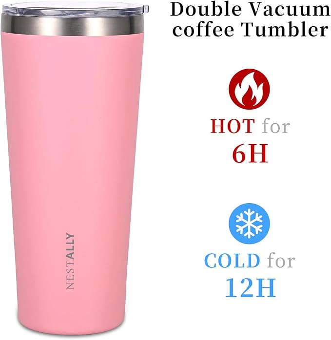 NESTALLY Coast 20oz Stainless Steel Tumbler, Extra Capacity Holds Up to 22oz, Double Wall Vacuum Insulated Travel Coffee Mug with Lid & Metal Straw, Leakproof Reusable Cup for Travel (Blush Pink)