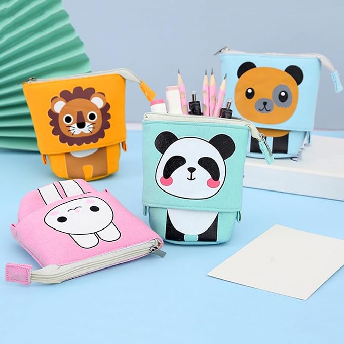 4 Pack Standing Pencil Case, Cute Telescopic Stationary Pouch with Zipper, Kawaii Spacious Pop Up Bag Portable Canvas Makeup Holder for Pens, Cosmetics, Office Supplies