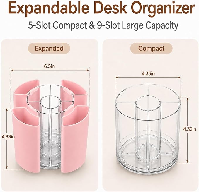 360° Rotating Pen Holder for Desk Adjustable Pencil Organizer, Pink | Plastic Pen Cup for Women Cute Office Supplies and Accessories Desktop Storage Box Art Caddy for School, Work, Home