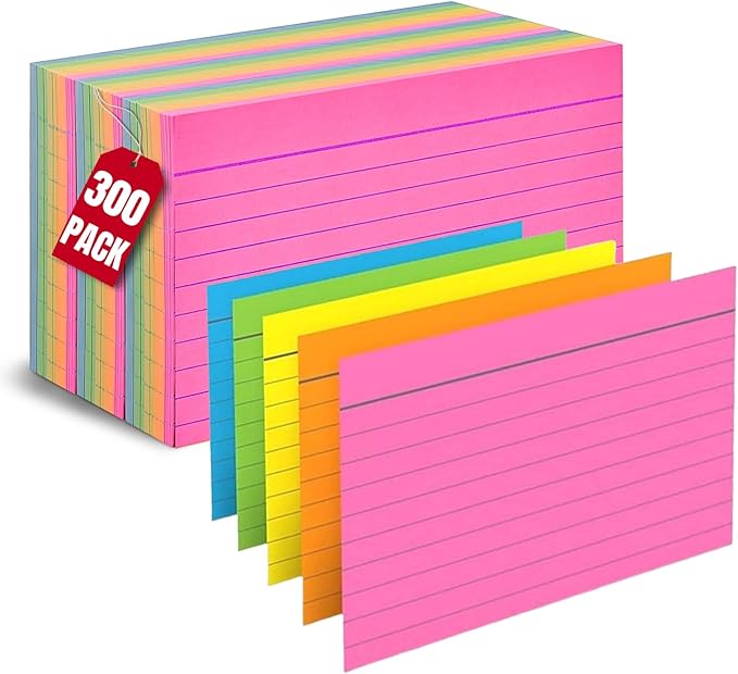 1InTheOffice Ruled Neon Index Cards 3x5, Ruled Index Cards, Assorted Neon Color, 300 Pack