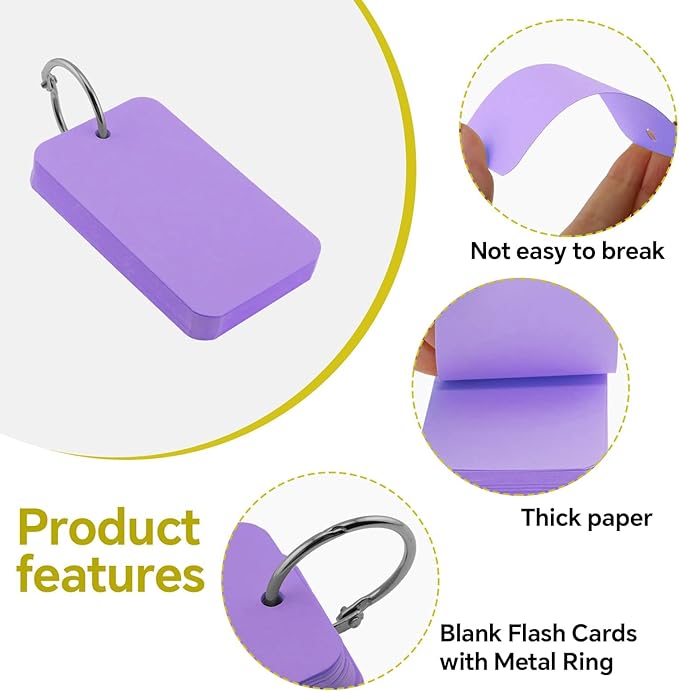300 Pcs Index Cards with Ring, 2" x 3.5" Purple Blank Flashcards for Studying, Vocabulary, Memos, Bookmark,Greetings (Purple)
