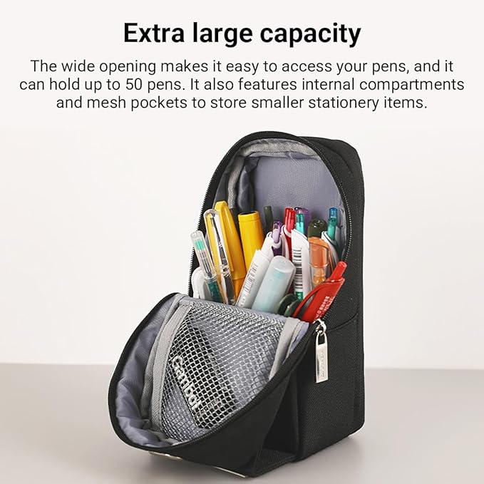 KOKUYO Pencil Case Pouch, Standing Pen Pouch Bag, Foldable Magnetic Stand up Phone Pencil Holder Organizer, Large Capacity Portable Pencil Box for Office, Home & College Use. (Mag Critz Neo - Black)