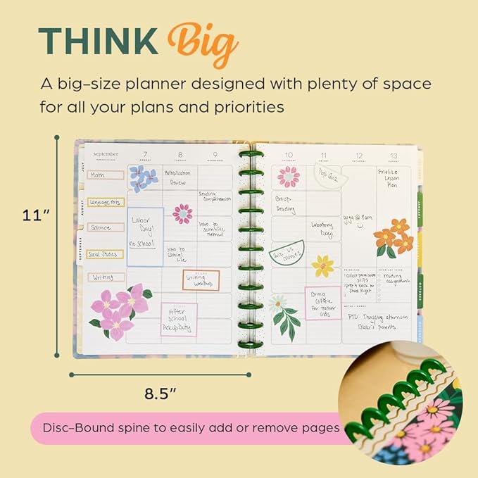 Happy Planner Disc-Bound 12-Month July 2026–June 2027 Academic Planner with 3 Extra Months, Big Size, 8.5" x 11", Teacher Layout, Ditzy Garden