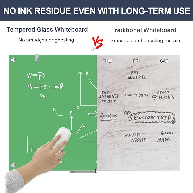 Glass White Board 36x24 Inches Magnetic Glass Dry Erase Board, Large Whiteboard for Wall Office School Classroom Home, 3x2 Feet Green Whiteboard Wall Mounted