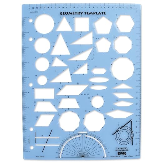 LEARNING ADVANTAGE Geometry Template | Sturdy Geometric Stencil to Draw 2D Shapes and Measure Angles | Includes Ruler and Number Line with Negative Values