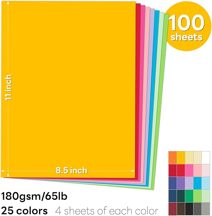 Colored Construction Paper, 100 Sheets Goefun 25 Colors Variety Multicolored Cardstock, 65lb Colored Cardstock 8.5x11 for Crafts & Printing