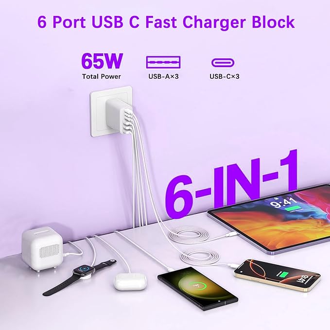 USB C Charger Block,65W iPhone Charger Fast Charging,6-Port USBC Charging Block,Multiport Type C PD+QC Power Plug Wall Charger for All iPhone 17 16 15 iPad Samsung S26 S25 iWatch Pixel Series