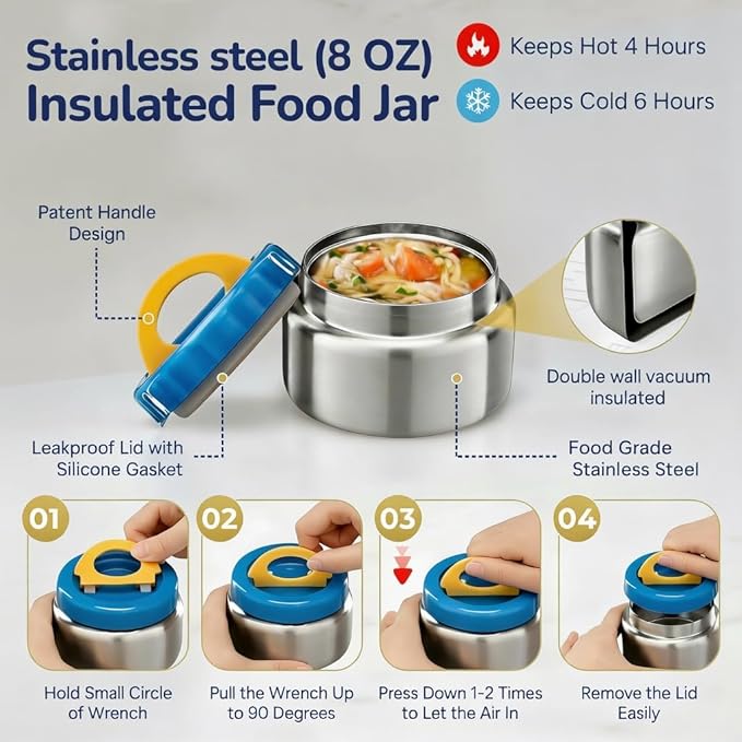 Stainless Steel Bento Lunch Box with 8 oz Insulated Food Jar – 54 oz – Leak-Resistant 3-Compartment Kids & Adult Metal Meal Container with Silicone Container and Thermo for Work & School, BPA-Free
