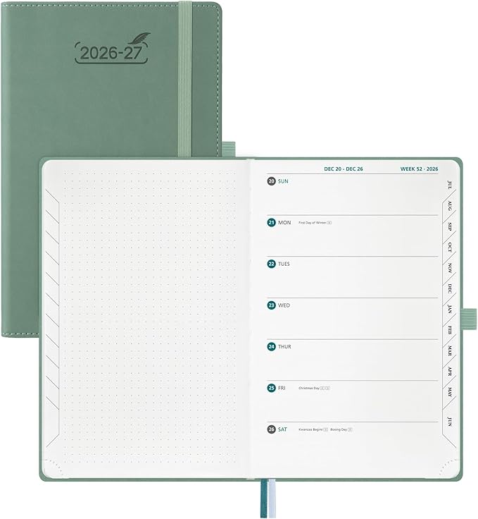 BEZEND Weekly Notebook Planner 2026 2027, Equal Weekend & Sunday Starts, Academic Calendar (Jul 26-Jun 27) with Monthly Tabs & 100GSM Thick Paper for Men Women Office Home, PU Leather - Midnight Green