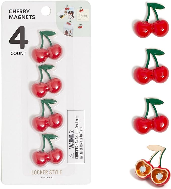 U Brands Red Cherry Locker Magnets, Set of 4, Fun Magnetic Locker Accessories for School, Whiteboard Accessories, Cute Fruit Magnets for Refrigerator