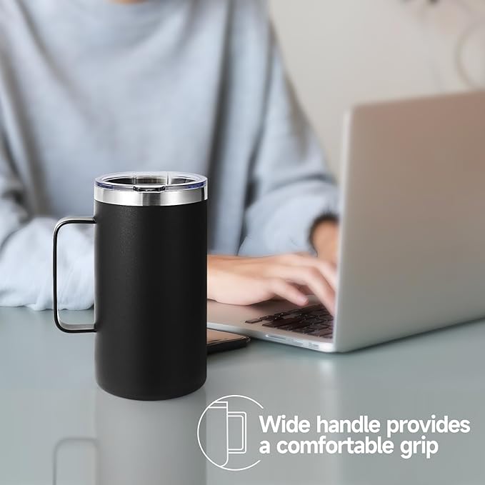 Volhoply 22oz Insulated Stainless Steel Coffee Mug with Leakproof Lid,Double Wall Vacuum Travel Coffee Cup with Handle,Reusable Metal Tumbler,Camping Mugs Keep Hot&Cold(Black,1)