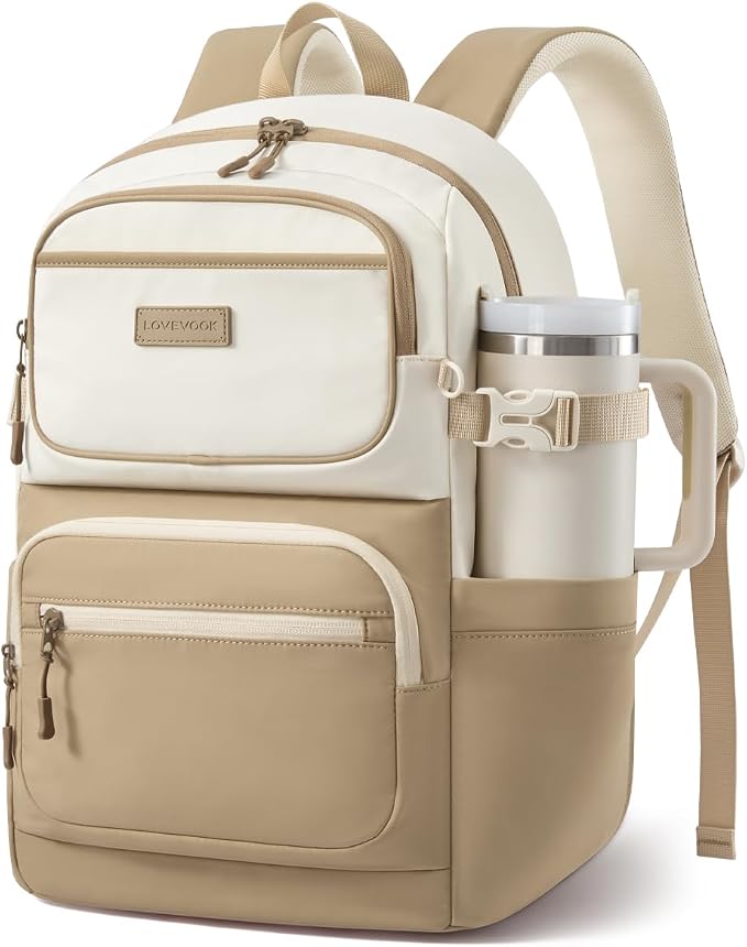 LOVEVOOK School Backpack for Teen Girls & College Students, Large Capacity Laptop Backpack with Water Bottle Holder, Lightweight Bookbag for School, Travel & Everyday Use, Beige-Khaki