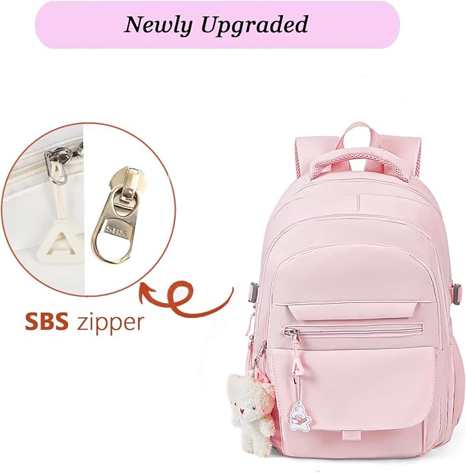 PRLINJSK Girls Backpack for College High Middle School Student, Cute Aesthetic Bookbag for Teens Women with Accessories,Pink