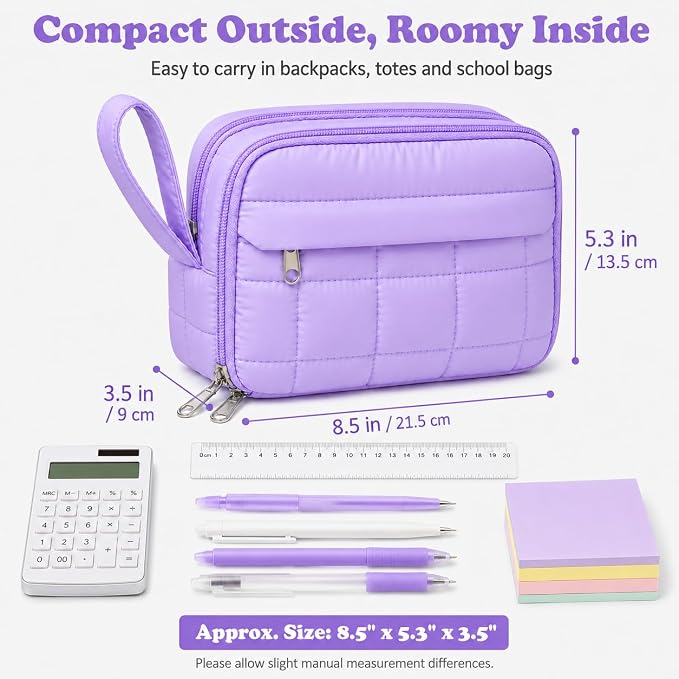 Puffer Quilted Pencil Pouch for Women, Large Capacity Organizer Bag with Multiple Compartments, Cute Aesthetic Pencil Case for Office, Travel & Daily Essentials (purple)