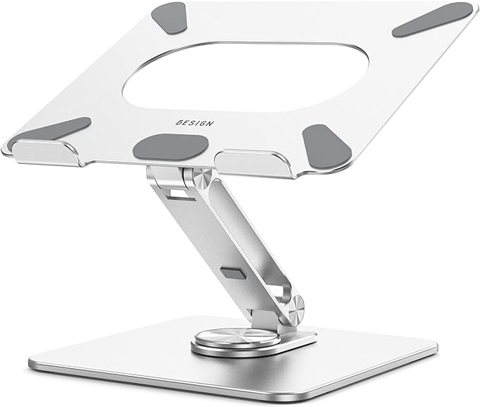 BESIGN LSX7 Laptop Stand with 360 Rotating Base, Ergonomic Adjustable Notebook Riser, Foldable Computer Holder Compatible with 10-15.6" Laptops (Silver)