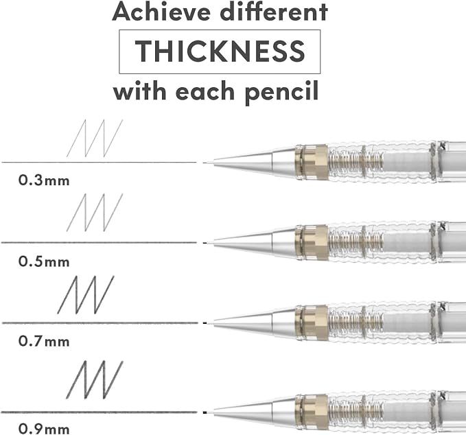 MozArt Mechanical Pencil Set 4 Sizes 0.3 0.5 0.7 0.9mm HB Lead Clear | 30 HB Lead & Eraser Refills – Sketch, Drafting, Art & Drawing for Artists, Students & Architects – Clear Transparent Body