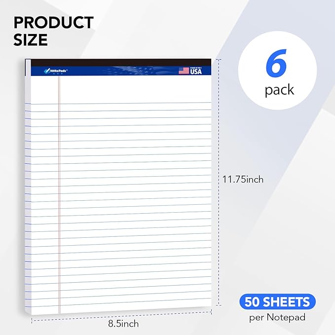 6 Pack Legal Note Pads Wide Ruled 8.5" x 11" Writing Pads (50 Sheets/Pad) White Recycled Paper Micro-Perforated Notepad Hard Back Notepads for Office & School Supplies - Made in USA