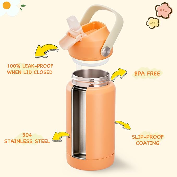 Kerilyn 12oz Water Bottle, Stainless Steel Insulated Water Bottle with Straws Leak-Proof, Water Cup Double Wall Vacuum, BPA Free, Vibrant Orange
