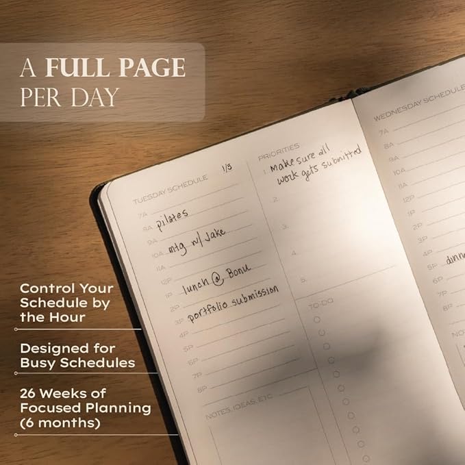 Anecdote Daily Planner w/ 2026-2027 Calendar | Start Anytime 26 Weeks Undated | 1 Page per Day | 8.5" x 5.2" | Hardcover To-Do List Organizer, Plan Your Success, Achieve Productivity Goals (Black)