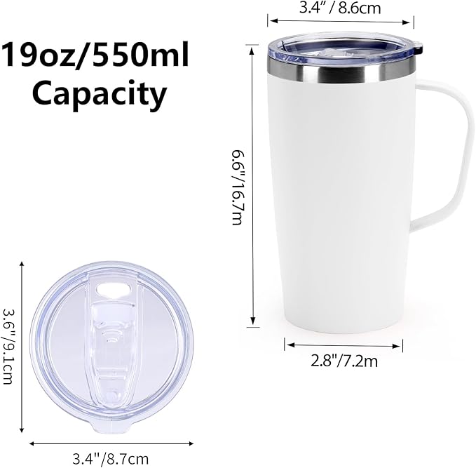 MEBRUDY 19oz Insulated Coffee Mug with Lid, Leak Proof Double Wall Vacuum Travel Coffee Mug with Handle, White