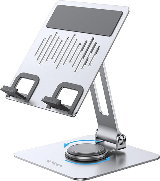 JETech Tablet Stand, Adjustable Swivel Desktop Holder with 360 Degree Rotating Base, Foldable Cradle for iPad/iPad Air/Pro/Mini, Galaxy Tab A11/A9/S11/S10 FE, Tab/Phones(4-13"), Silver