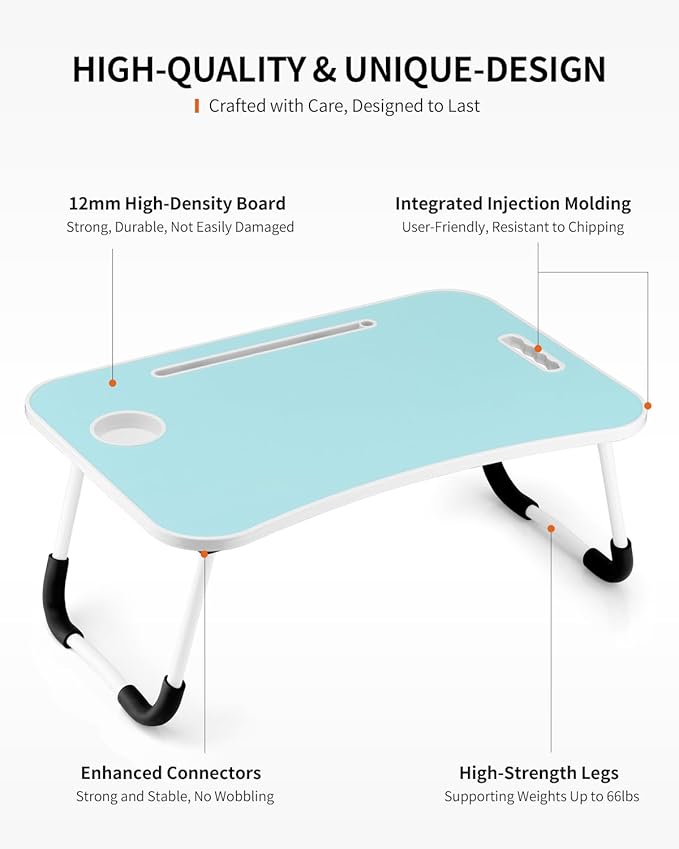 FISYOD Foldable Laptop Table, Portable Lap Desk Bed Table Tray, Laptop Stand with Cup Holder & Tablet Slot & Lifting Handle for Working Writing Drawing & Eating (Blue)