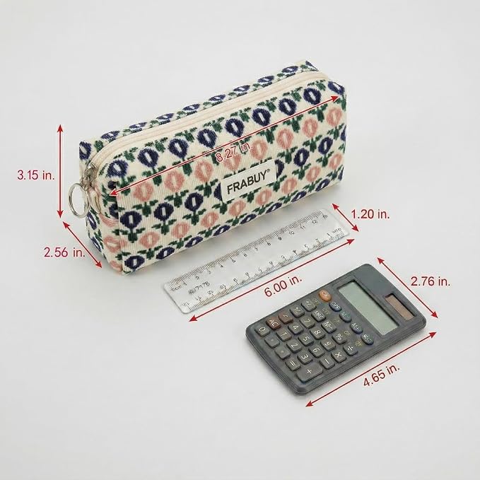 Soft Corduroy Pencil Case Pen Pouch Organizer, Small Stationery Bag | Cute little blue flower pencil pouch, smooth zipper, daily cosmetics holder, compact organizer for school teen girls, women