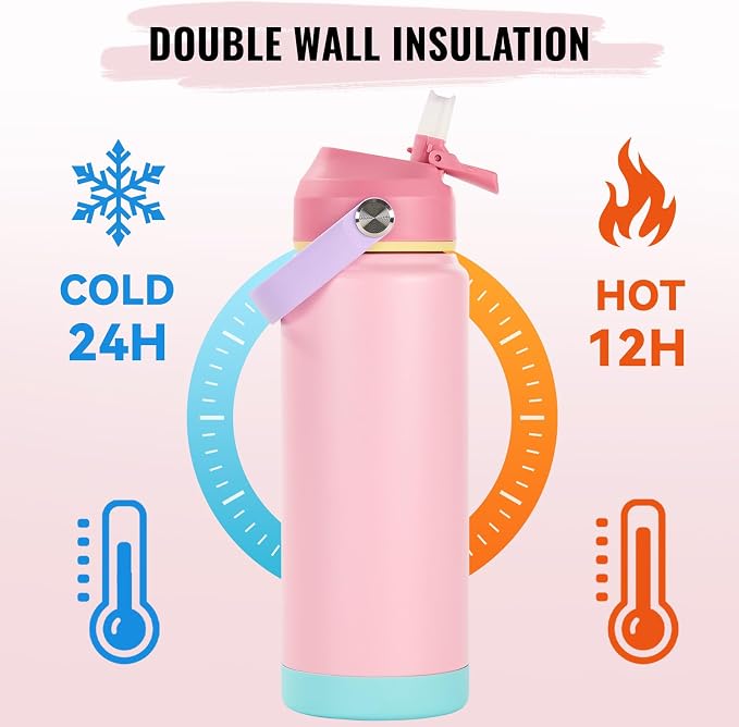 Fijinhom 24oz Insulated Stainless Steel Water Bottle, Wide Mouth Double Wall Vacuum, Silicone Straw, Sweat & Leak Proof, BPA Free Insulated Water Flask for Travel, Keep Cold 24h Hot 12h, Cherry