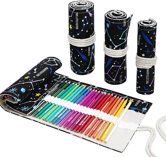 DIYOMR 24/36/72 Slots Pencil Wrap Pencil Rolls, Artist Colored Pencils Roll Up Bag Short Brushes Pouch Case Pencils Organizer for Drawing Coloring and Sketching (Constellation, 36slots)