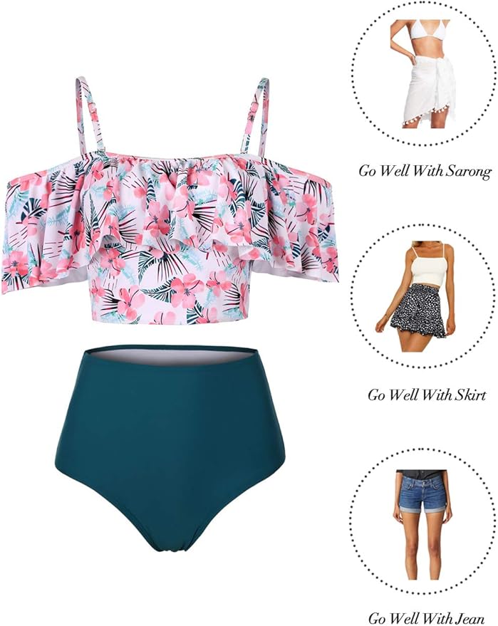 Kaei&Shi High Waisted Flounce Bikini Set,Tummy Control Swimsuits for Women,Off Shoulder