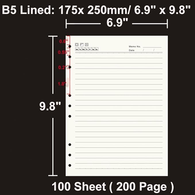 B5 Refill Paper 9 Hole Punched Filler Paper Refills for B5 Loose Leaf Notebook Travel Journal Personal Diary Planner Binder, 80 Sheet, Lined Paper, 6.9 Inches x 9.8 Inches