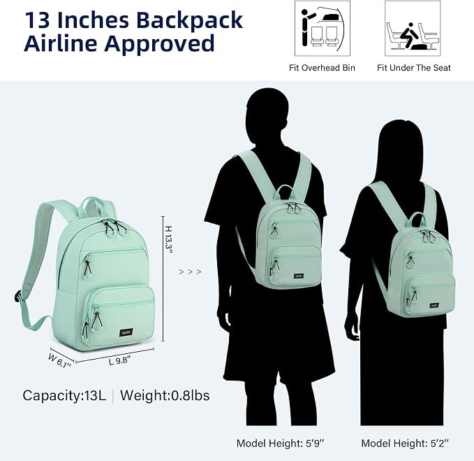 HanTrip 13 Inch Mini Small Travel Backpack Cary on For Women Men, Cyan | 13L Capacity, Lots of Pockets, Padded Shoulder Strap, Lightweight, Water Resistant, Bookbag for College, Commuter, Work