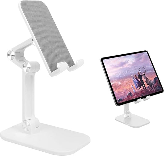 Foldable Phone Stand for Desk - Adjustable Height & Angle Cell Phone Holder, Portable Tablet Stand with Anti-Slip Base for Home, Office, and Travel, Compatible with iPhone & All 4-11" Devices (White)