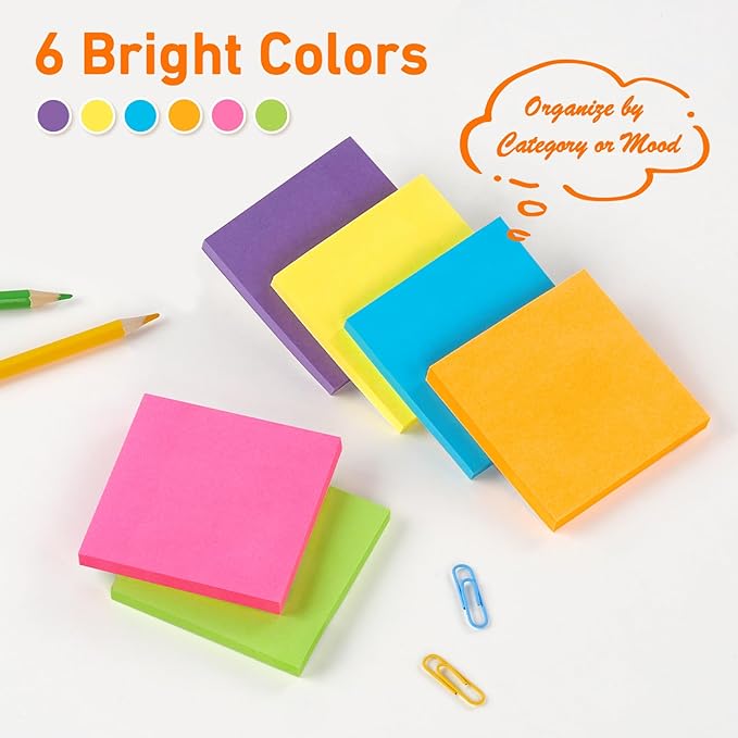 Sticky Notes 3x3 Inch (48 Pads) Bright Colors Self-Stick Memo Pads, Thick Paper Easy to Stick & Remove