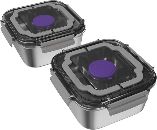 Set of 2 Salad Container for Lunch Large-60-oz Salad Bowl with Lid,3 Compartment Bento-Style Tray and 1.5-oz Salad Dressings Container,Stainless Steel container with Lids, Lunch Box, Bento Box(Grey)