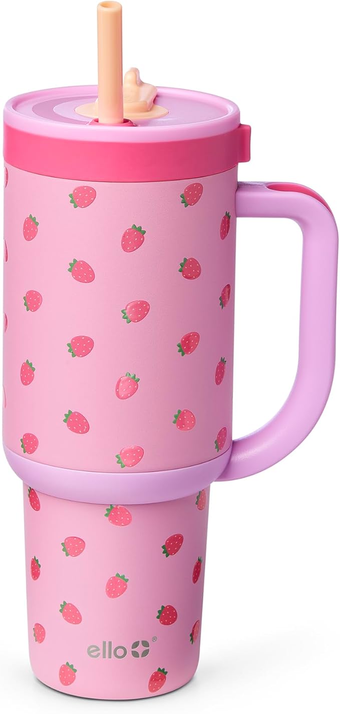 Ello Oasis 30oz Tumbler with Handle & Retracting Straw | Reusable Insulated Stainless Steel Cup 100% Leakproof | Gifts for Teens Women | Keeps Cold for 23 Hours | Cup Holder Friendly | Strawberries