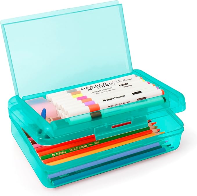 Double Layer Large Capacity Pen Box,Plastic Translucent Pencil Box, Hard Pencil Cases with Snap-Tight Lid for Pens, Pencils, School Supplies,Office Supplies, Medium-sized,1 Pack