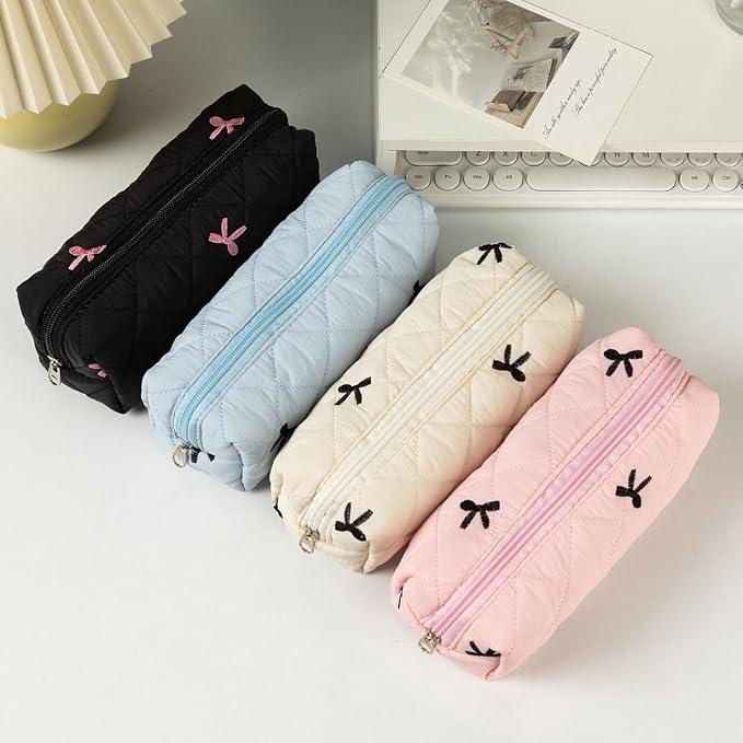 Carry bloom Pencil Pouch Cute Pencil Case for Girls Aesthetic Pencil Bag with Zipper Pen Cases School Supplies Makeup Bag (Bow beige)
