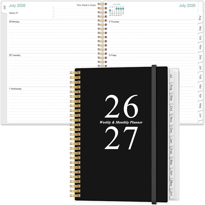 2026-2027 Planner - Planner 2026 from July 2026 to June 2027 with 12 Monthly Tabs, Flexible Cover, Inner Pocket, 8.5" x 11", Black