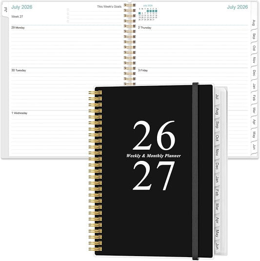2026-2027 Planner - Planner 2026 from July 2026 to June 2027 with 12 Monthly Tabs, Flexible Cover, Inner Pocket, 8.5" x 11", Black