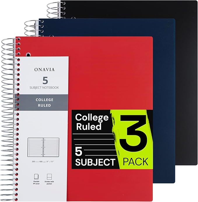 ONAVIA Spiral Notebook for School 3 Pack, 5 Subject, College Ruled Paper, 200 Sheets, 9" x 11", 5 Dividers with Pockets, 3 Hole Punched Perforated, Plastic Cover, Lined Journal Bulk, Assorted Colors