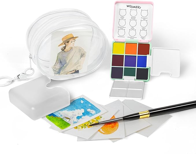 Woomer Travel Watercolor Paint Sets - 9 Pigment Colors, All-In-One Kits (Pouch, Brush, Cardstock), Bulk Watercolor Sets for Studios & Gifting