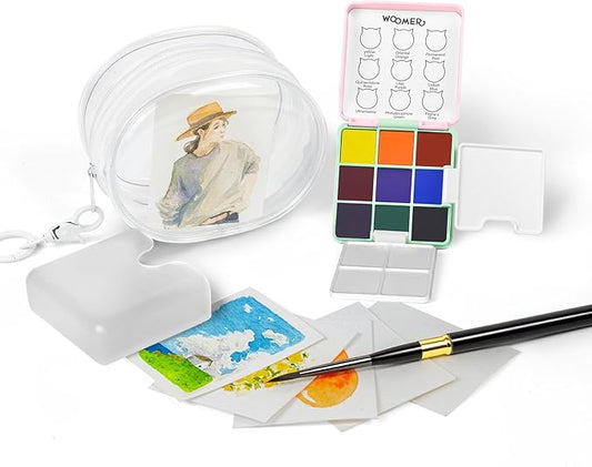 Woomer Travel Watercolor Paint Sets - 9 Pigment Colors, All-In-One Kits (Pouch, Brush, Cardstock), Bulk Watercolor Sets for Studios & Gifting