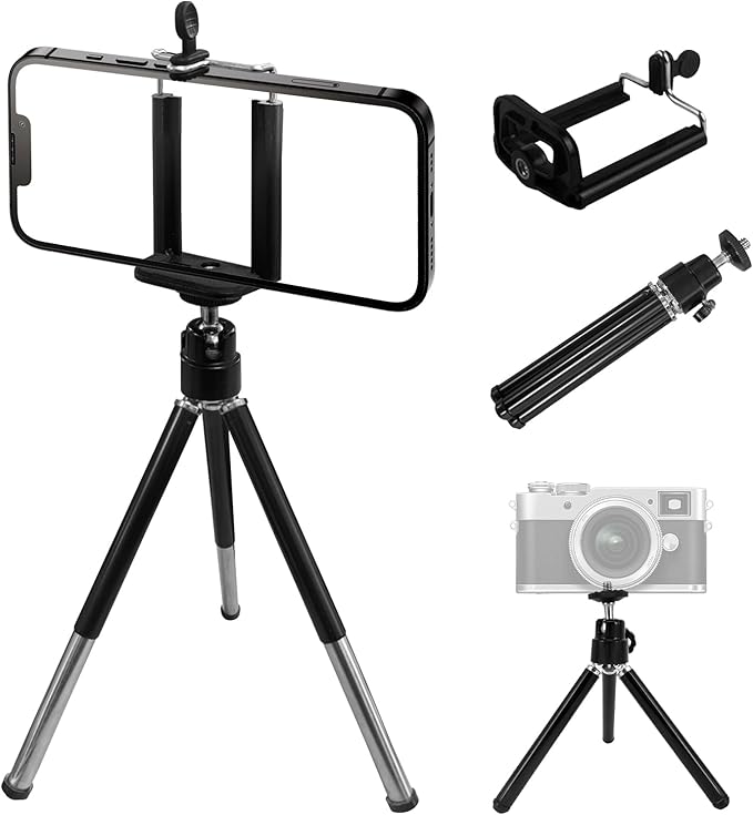 Mini Portble Extendable Phone Tripod Stand with Clip, 360° Ball Head Desktop Tripod Compatible with All Cellphone Mini Camera for Vlogging, Travel, Video Recording (Black)